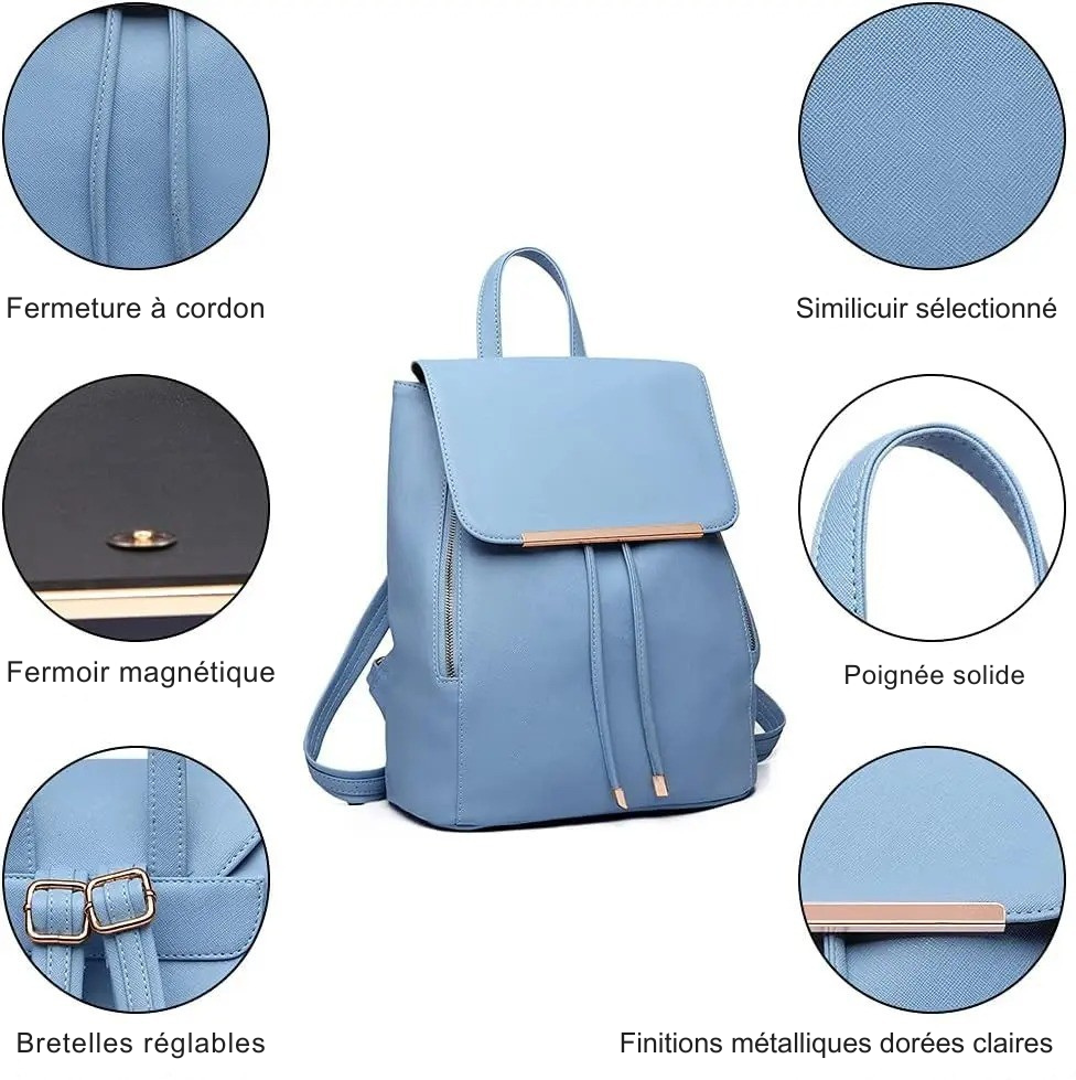 Sac à Dos Femme Similicuir Bleu : Élégant, Léger et Multi-Poches Sécurisées - Célara™