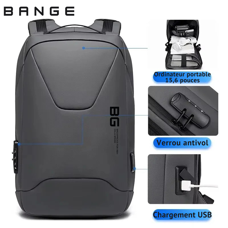 Sac à Dos Homme : PC Portable 15,6’’, Sécurité Antivol & Connectivité USB - BANGE™