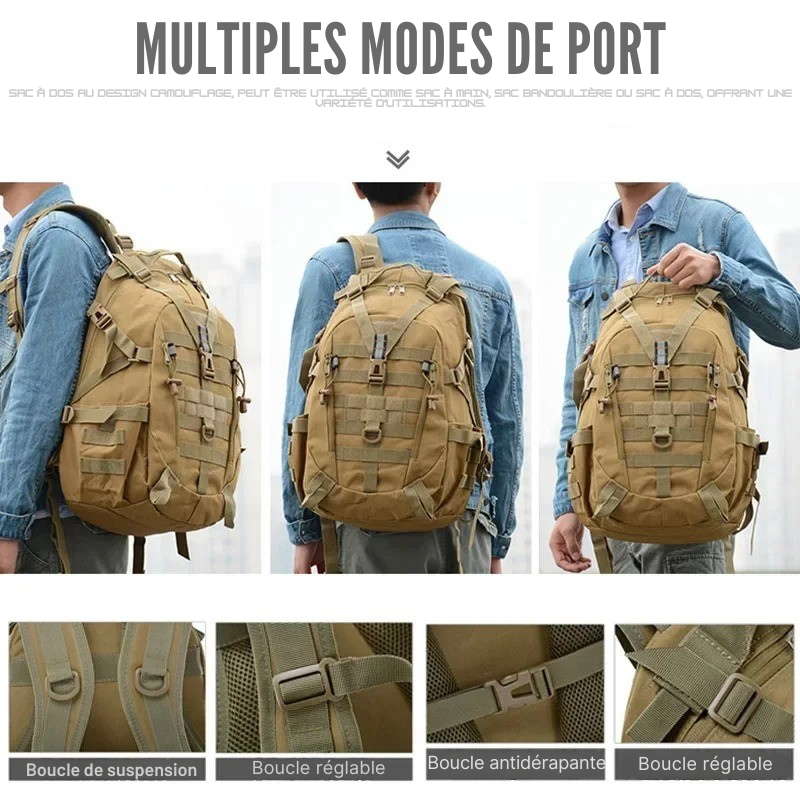 Sac à Dos Kaki 50L Homme : Oxford Résistant, 3 Compartiments et Polyvalence Tactique - Outdoor™