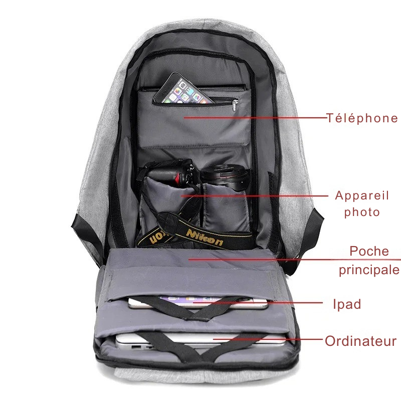 Sac à Dos Ordinateur Homme : Nylon Résistant, Port USB & Rangements Intégrés – Runningtiger™