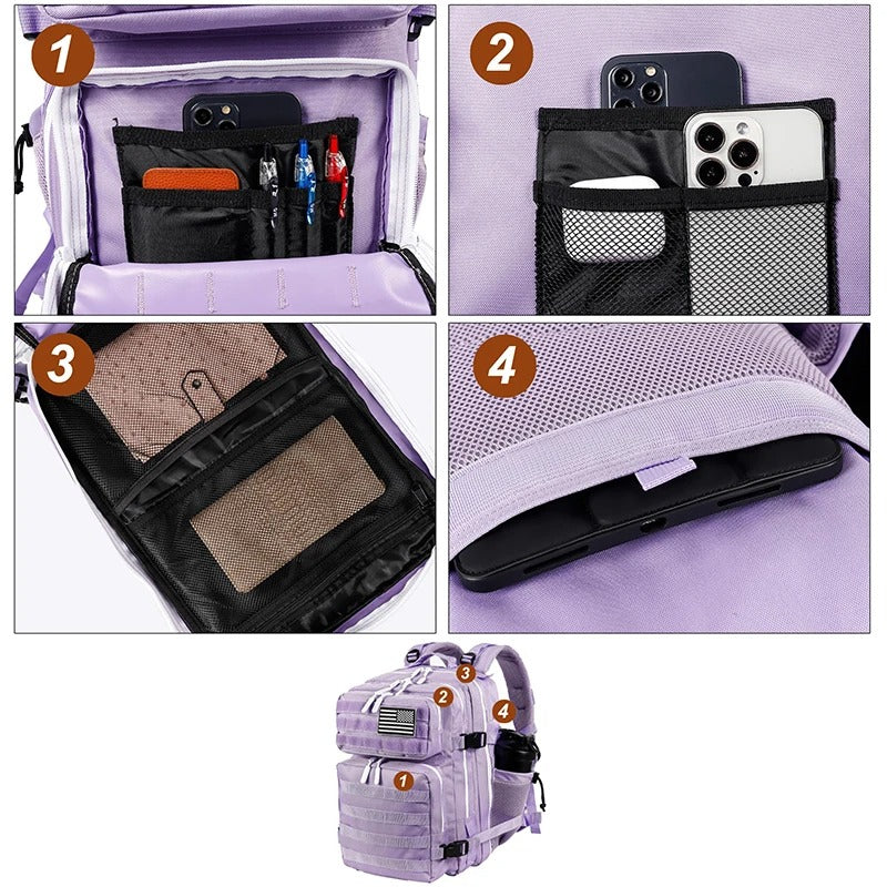Sac à Dos Sport Femme 35L Violet Imperméable : Poche Ordinateur, Hydratation & Système MOLLE - LHI™