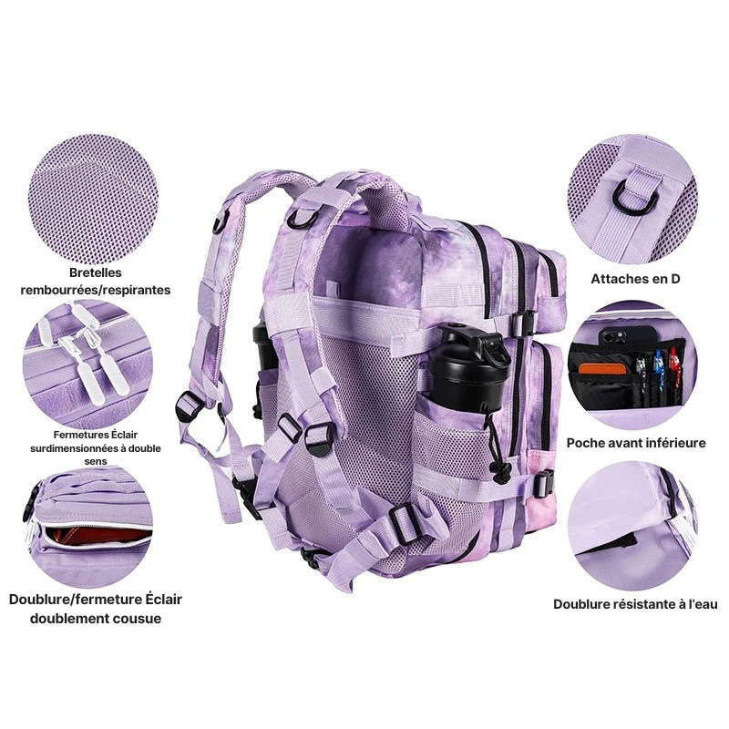 Sac à Dos Sport Femme 35L Violet Imperméable : Poche Ordinateur, Hydratation & Système MOLLE - LHI™