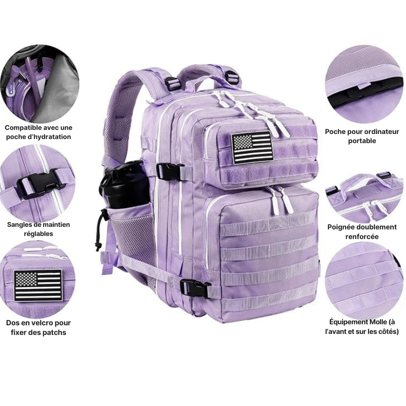 Sac à Dos Sport Femme 35L Violet Imperméable : Poche Ordinateur, Hydratation & Système MOLLE - LHI™