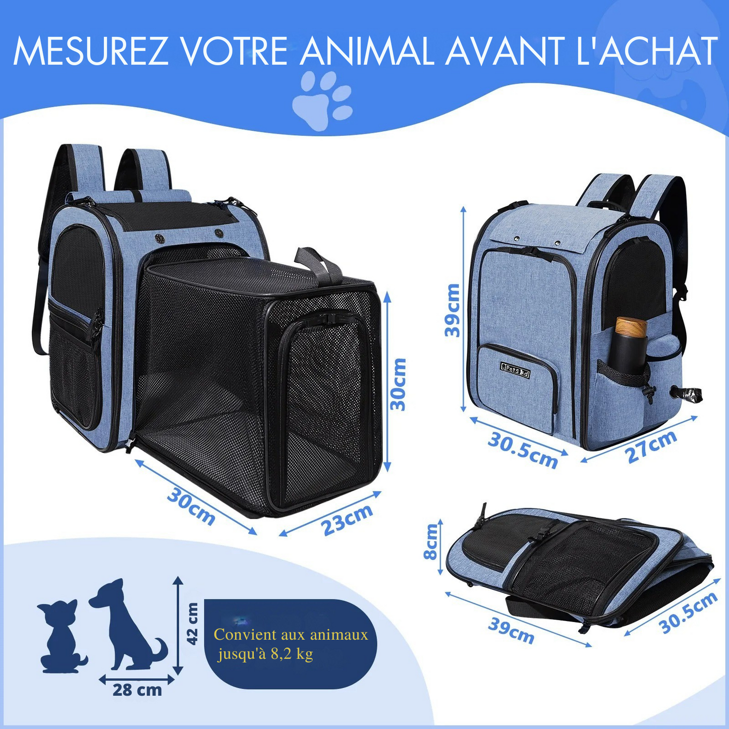 Sac à Dos Transport Chat Extensible Bleu : Lin Cationique Durable, Aéré et Pliable - Petskd™