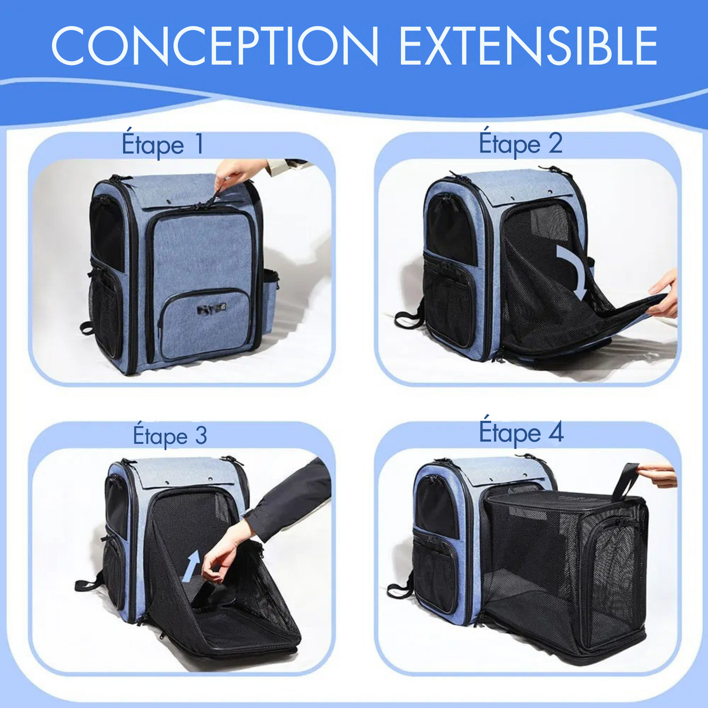 Sac à Dos Transport Chat Extensible Bleu : Lin Cationique Durable, Aéré et Pliable - Petskd™
