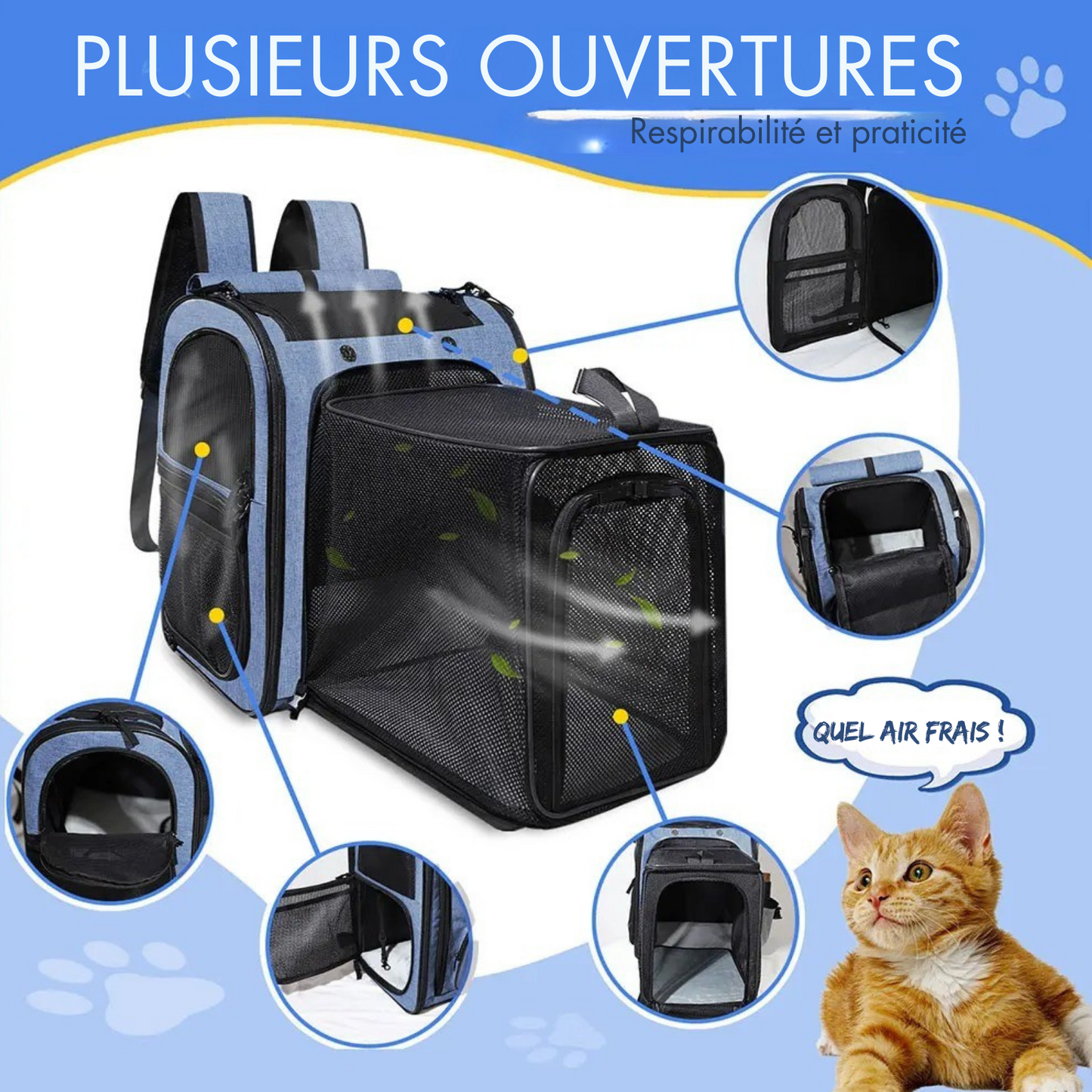 Sac à Dos Transport Chat Extensible Bleu : Lin Cationique Durable, Aéré et Pliable - Petskd™