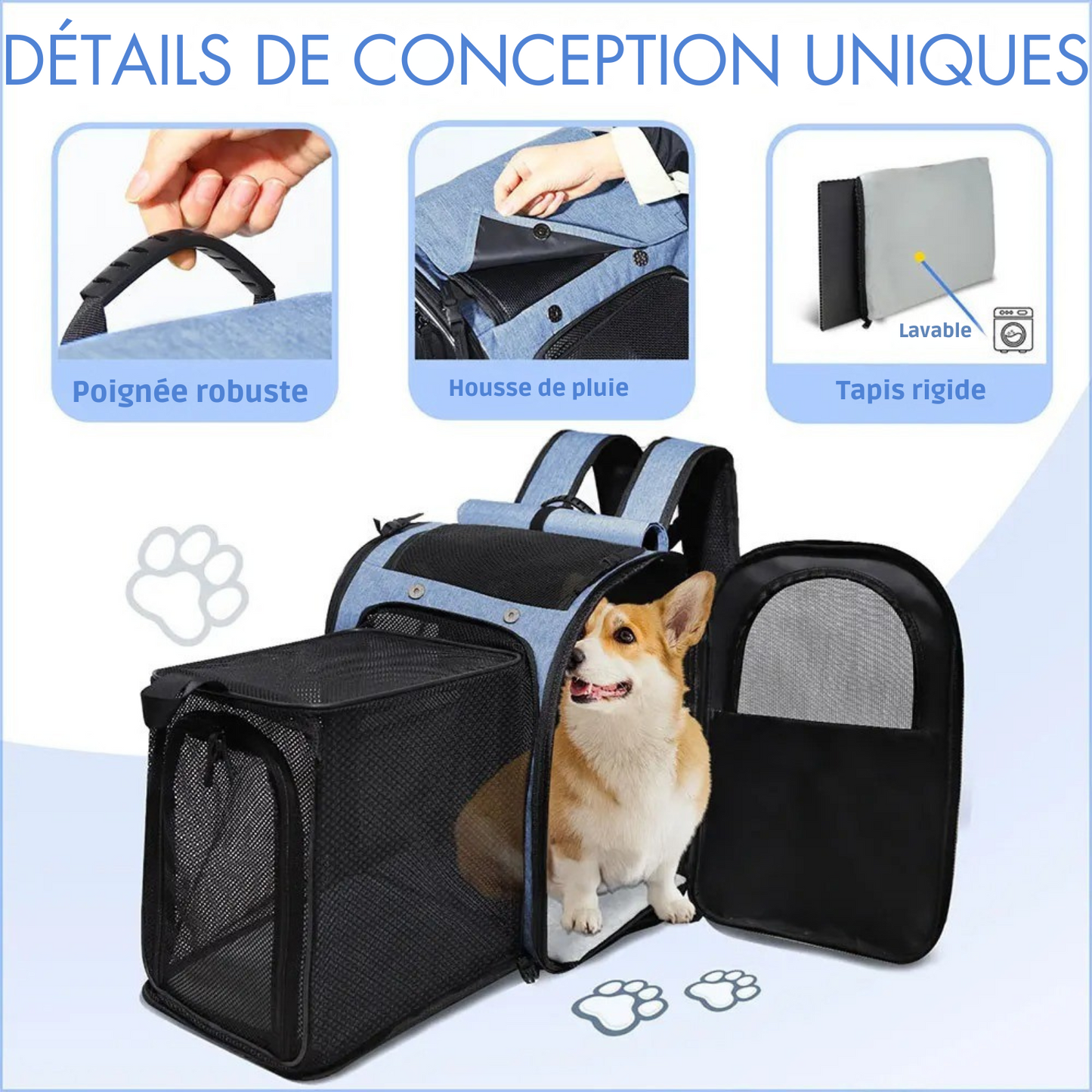 Sac à Dos Transport Chat Extensible Bleu : Lin Cationique Durable, Aéré et Pliable - Petskd™